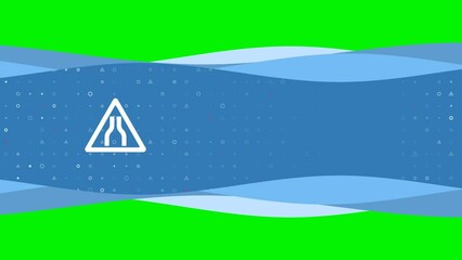 Poster - Animation of blue banner waves movement with white road narrowing symbol on the left. On the background there are small white shapes. Seamless looped 4k animation on chroma key background