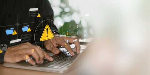 Fototapete - notice of a hacked system following a cyberattack on a network. compromised notion of information. online malware, cybercrime, and cybersecurity. Cybercriminals use hackers to steal information