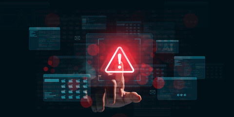 Wall Mural - Warning alert icon with a hacked system. malicious software, virus, spyware, malware, or cyberattacks on computer networks. Security on the internet and online scam. Digital data is being compromised.