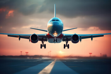 A commercial jet airplane taking off from a contemporary airport, showcasing the power of modern travel.