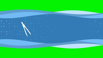 Poster - Animation of blue banner waves movement with white compass divider symbol on the left. On the background there are small white shapes. Seamless looped 4k animation on chroma key background