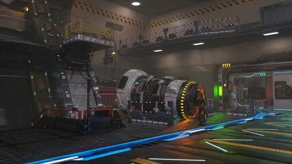 Poster - Machinery inside a fantasy future space station hangar. 3D rendering.