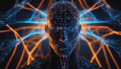 Man’s head surrounded by a blue and orange glow lines representing neural connections on black blue