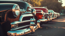 Polished Vintage Cars In A Row, Side View