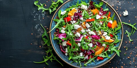 Wall Mural - Delicious healthy balanced lunch, vegetarian food, salad, background, wallpaper.