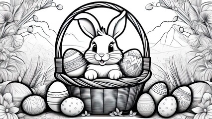 Wall Mural - Easter coloring page. Easter Bunny with Easter egg. Black and white illustration for coloring book, line art.