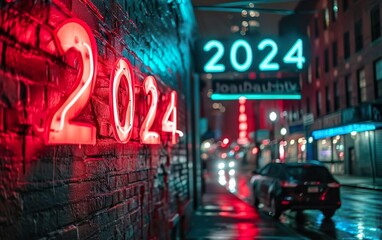 Street style neon poster. Red and green night urban banner. 2024 quote on the brick texture wall, one word, big lettering, rainy weather. Blurred background, de focused, copy space. AI Generative.