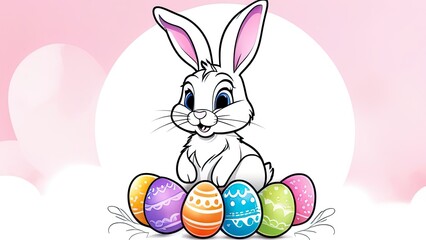 Wall Mural - Easter coloring page. Easter Bunny with Easter egg. Black and white illustration for coloring book, line art.