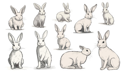 Wall Mural - sketch cartoon rabbits. isolated rabbit, wild hare in different poses. forest animals, children masc