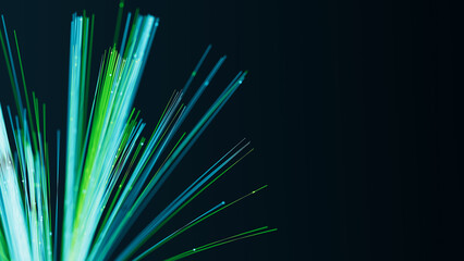 Poster - illuminated cyan fiber optic cables with moving data. glowing internet data streams. digital transmi