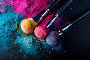 Poster - Make-up brush with pink powder explosion on black background. Makeup brush with pink and purple powder explosion. Cosmetic brushes and explosion colorful powders on black background.