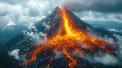 Wall Mural -  a very big mountain with a big fire coming out of it's side in the middle of a cloudy sky with a lot of clouds in the foreground.