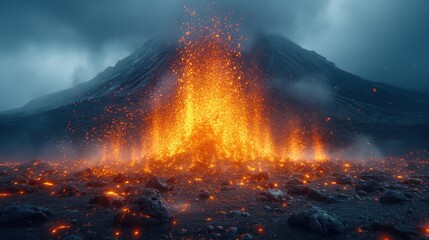 Wall Mural -  a volcano spewing out lava and lava in the middle of a field with rocks and grass on the ground and a dark sky with clouds in the background.