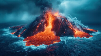 Wall Mural -  a volcano in the middle of a body of water with lava pouring out of it's sides and lava spewing out from the top of the water.