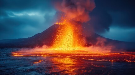 Wall Mural -  a volcano spewing out lava into the ocean on a cloudy day with a dark blue sky above it and a body of water below it that has small waves in the foreground.