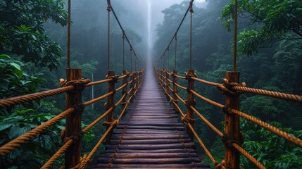 Poster -  a suspension bridge in the middle of a jungle with ropes hanging from it's sides and trees on either side of the bridge, and foggy foggy sky in the background.