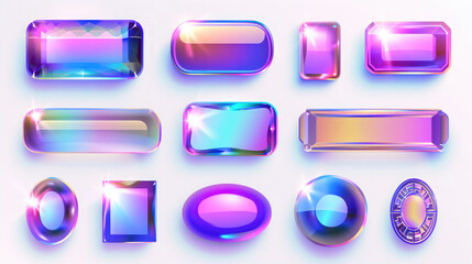 set of holographic 3D volumetric figures, different shapes, multi-colored icons of diamonds, precious stones on a white background