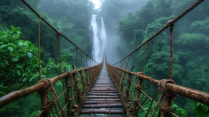 Poster -  a suspension bridge leading to a waterfall in the middle of a forest with a waterfall in the back ground and trees on both sides of the bridge and a foggy sky line.