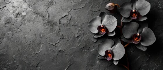 Wall Mural -  a group of flowers sitting on top of a black and white stone wall next to a vase with a red flower in the middle of the middle of the picture.