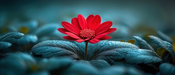 Poster -  a red flower sitting in the middle of a field of blue grass with leaves in the foreground and a blue sky in the background with a few clouds in the foreground.