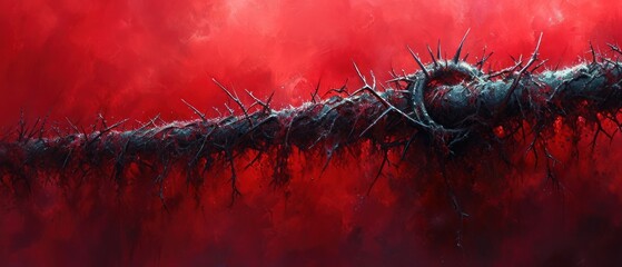 Canvas Print -  a painting of a red and black background with a branch of a tree in the center of the painting is a dark red background with black branches and red hue.