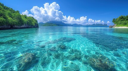 Sticker -  a body of water that has a bunch of rocks in it and some trees on the other side of the water and some clouds in the sky above the water.