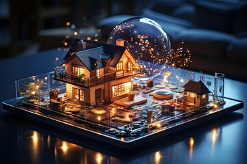 Poster - Smart home setup. A modern living space equipped with smart home devices like smart lights, tv and voice - controlled assistants. Smart home interior with augmented reality. AI generative.