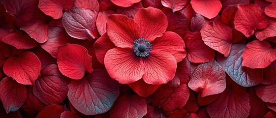 Canvas Print -  a close up of a bunch of red flowers with leaves on the bottom of the petals and a blue center piece in the middle of the middle of the petals.