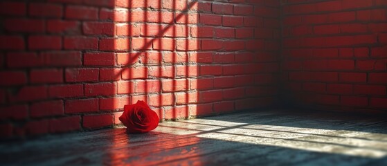 Poster -  a red brick wall with a shadow of a rose on the floor and a brick wall with a shadow of a brick wall and a shadow of a red rose on the wall.