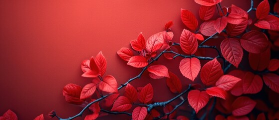 Poster -  a close up of a branch with red leaves on a red wall in the corner of a room with red walls and a red wall behind it is a branch with red leaves.