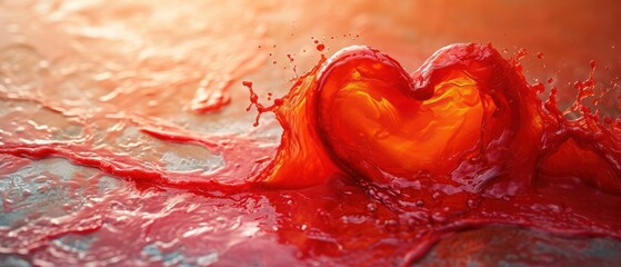 Poster -  a red heart shaped object floating on top of a body of water with a splash of red liquid coming out of the top of it and onto the bottom of the image.