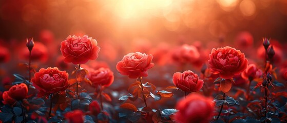 Canvas Print -  a field full of red flowers with the sun shining through the trees in the backgrounnd of the photo, with a blurry background of green leaves and red flowers in the foreground.