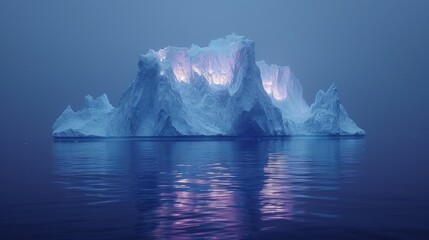 Poster -  a large iceberg floating on top of a lake next to a large iceberg in the middle of a blue foggy sky with a pink light on the top.