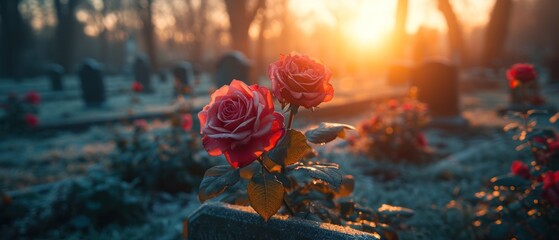 Sticker -  a couple of red roses sitting on top of a gravestone in a cemetery with the sun shining through the trees and behind them, in the foreground is a cemetery.