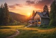 © Rafli - house with sunset in forest landscape