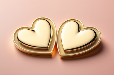 two golden hearts on a light peach background. Valentine's day. Love, relationships. Selective focus