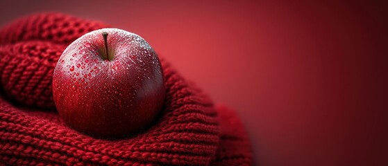 Poster -  a red apple sitting on top of a red blanket on top of a red surface with drops of water on the top of it and on top of the apple.