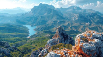 Sticker -  a view of a mountain range with a body of water in the middle of the picture and mountains in the distance with green grass in the foreground and blue sky with clouds in the foreground.