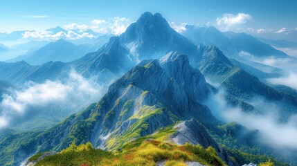 Sticker -  a painting of a mountain range with clouds in the foreground and a blue sky with white clouds in the middle of the mountain range, with green grass and yellow flowers in the foreground.