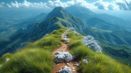 Sticker -  a path leading to the top of a mountain with a view of a valley and a mountain range in the distance with green grass and rocks in the foreground.