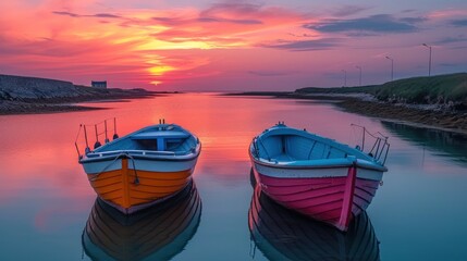 Wall Mural -  a couple of boats sitting on top of a lake next to each other in front of a pink and blue sky with a sun setting in the middle of the sky.