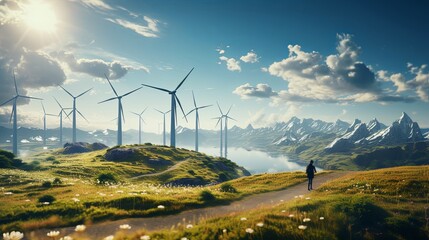 wind turbines are alternative electricity sources, the concept of sustainable resources, people in t