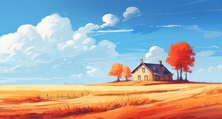 Poster -  a painting of a house in the middle of a field with trees in the foreground and a blue sky with white clouds in the upper half of the image.