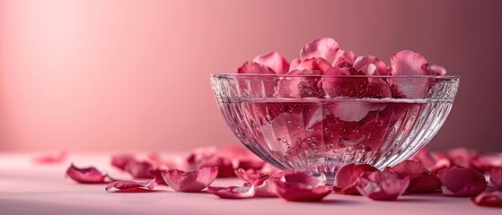 Canvas Print -  a glass bowl filled with pink petals on top of a pink tablecloth with a pink wall in the background and a bowl of petals in the middle of the bowl.