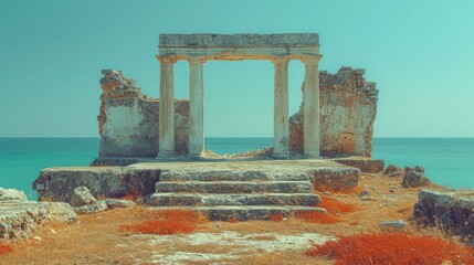 Sticker -  a stone structure sitting on top of a dry grass covered field next to a body of water with an arch in the middle of the middle of the stone structure.