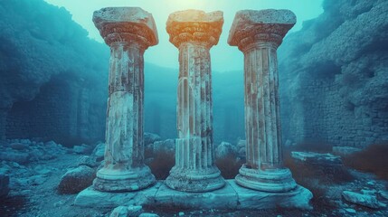 Poster -  a couple of stone pillars sitting in the middle of a cave filled with rocks and water under a blue sky with the sun shining on top of the pillars and bottom half of the columns.