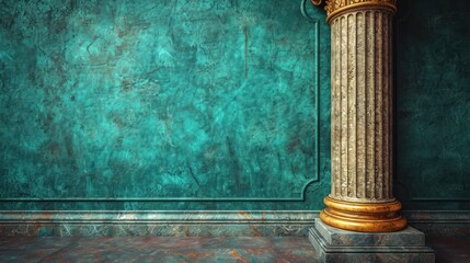 Poster -  a room with a green wall and a gold clock on a pedestal in the center of the room is a marble floor and a green wall with a gold column.