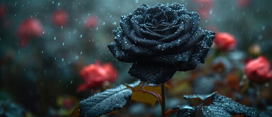 Wall Mural -  a close up of a black rose with drops of water on it and red roses in the background with water droplets on the petals and a dark background with red and green leaves.