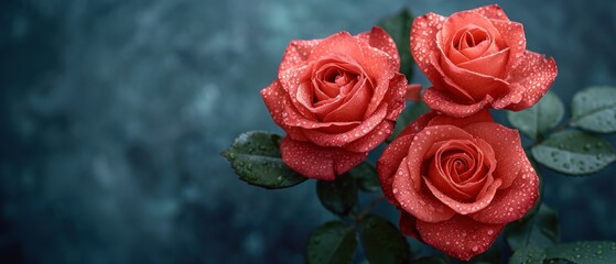 Canvas Print -  a close up of three red roses with drops of water on them and a green leafy plant in front of a dark blue background with water drops of dew.