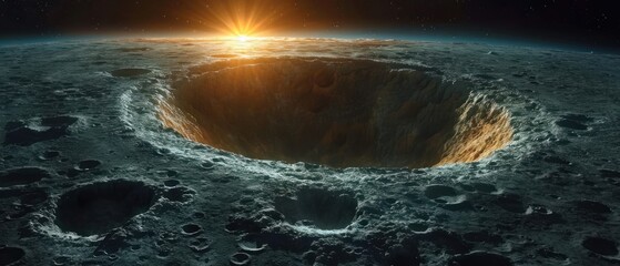 Wall Mural -  an artist's rendering of a large crater on the surface of the moon, with a bright sun in the middle of the crater, and a bright spot in the middle of the center of the crater.